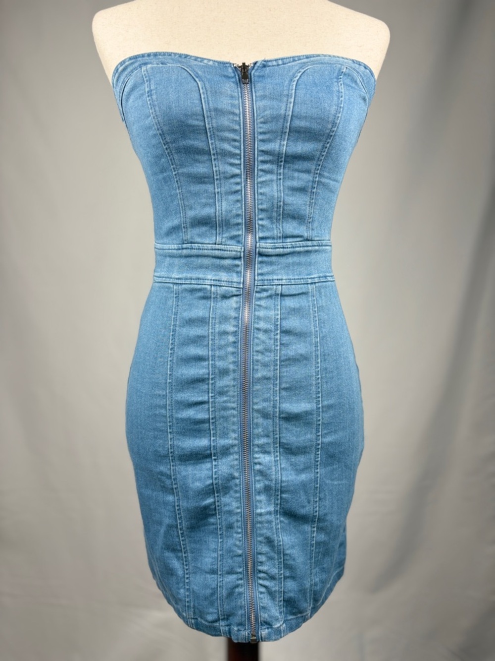 Strapless Denim Corset Mini Dress Zip Front Bodycon Small - Picture 1 of 5